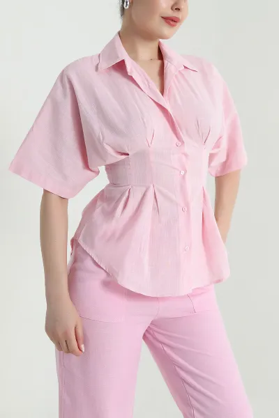 Pembe Bel Büzgülü Keten Kadın Gömlek 470809
