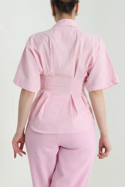 Pembe Bel Büzgülü Keten Kadın Gömlek 470809
