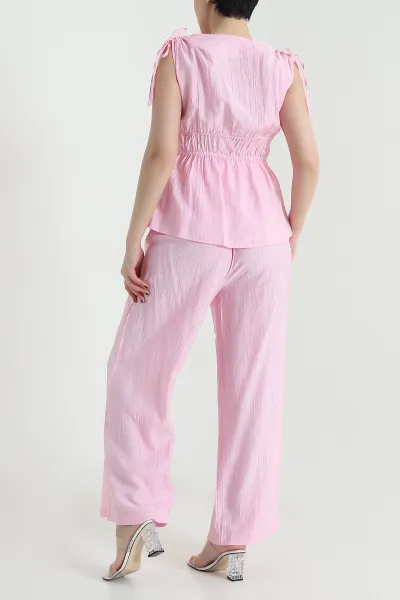 Pembe Bel Lastik Detay Çilek Kumaş Kadın İkili Takım 454776