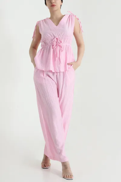 Pembe Bel Lastik Detay Çilek Kumaş Kadın İkili Takım 454776