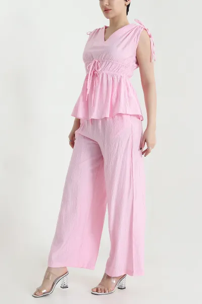 Pembe Bel Lastik Detay Çilek Kumaş Kadın İkili Takım 454776