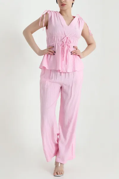 Pembe Bel Lastik Detay Çilek Kumaş Kadın İkili Takım 454776