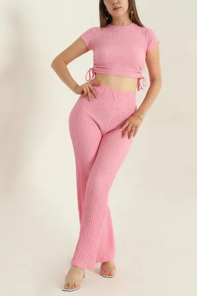 Pembe Bel Lastikli Gofre Kadın İkili Takım 376060