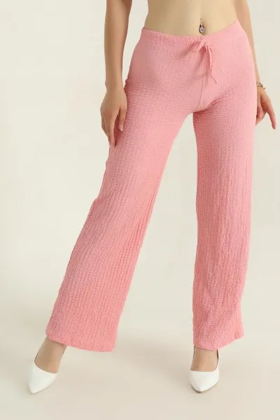 Pembe Bel Lastikli Gofre Kadın Pantolon 374650