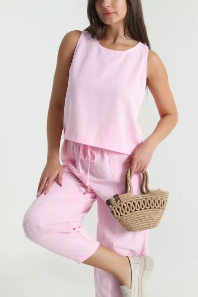 Pembe Bel Lastikli Keten Kadın İkili Takım 477623