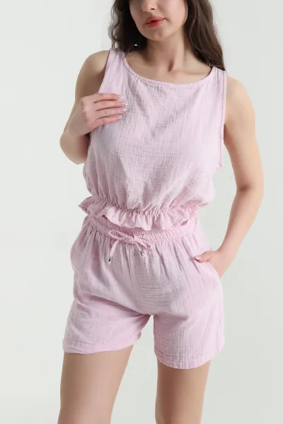 pembe-bel-lastikli-kolsuz-muslin-keten-kadin-ikili-takim-458091