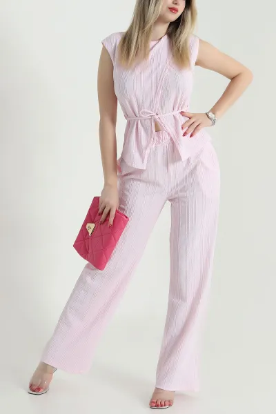 Pembe Bel Lastikli Krinkıl Kadın İkili Takım 473607