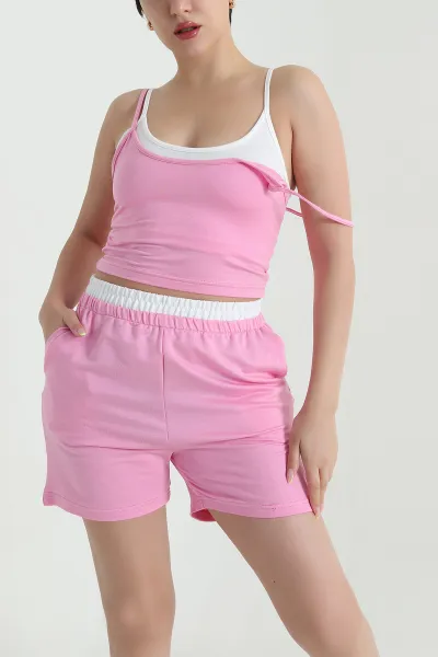 Pembe Bel Lastikli Kristal Kadın İkili Takım 468754
