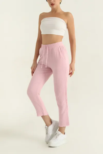 Pembe Bel Lastikli Müslin Kadın Pantolon 362367