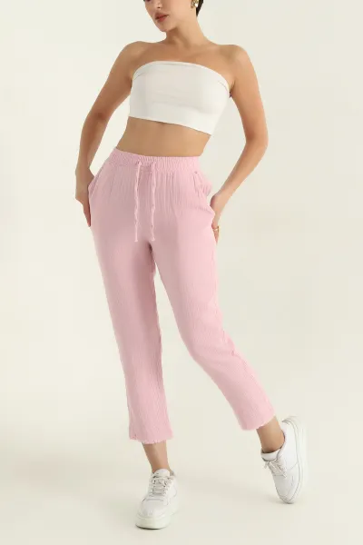 Pembe Bel Lastikli Müslin Kadın Pantolon 362367