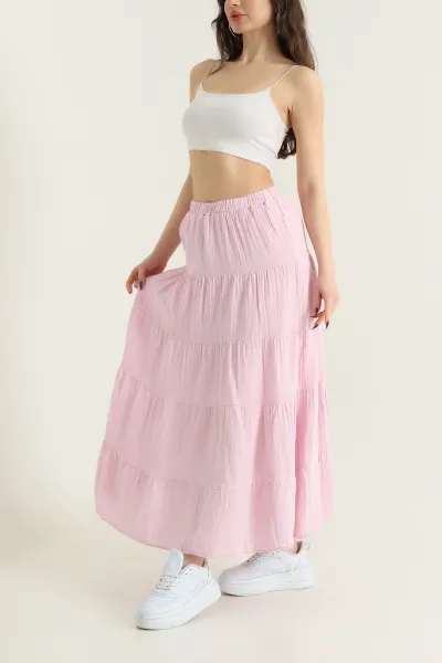 Pembe Bel Lastikli Müslin Keten Çan Kadın Etek 432545