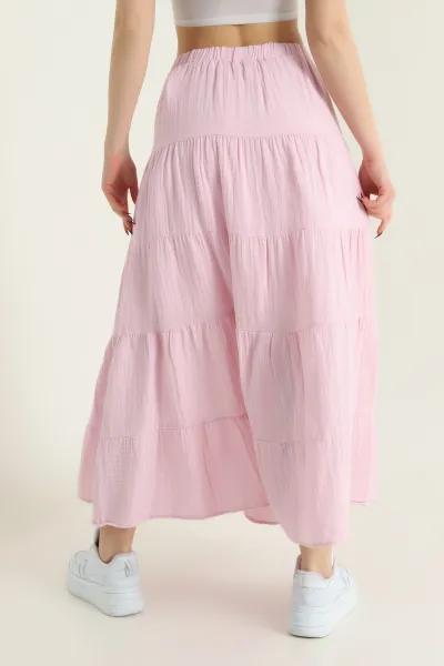 Pembe Bel Lastikli Müslin Keten Çan Kadın Etek 432545