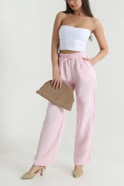 Pembe Bel Lastikli Müslin Keten Kadın Pantolon 464562