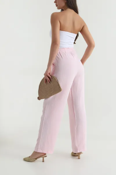 Pembe Bel Lastikli Müslin Keten Kadın Pantolon 464562