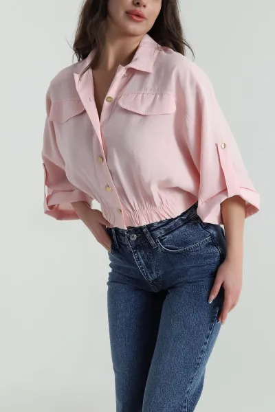Pembe Bel Lastikli Tencel Kadın Gömlek 458828