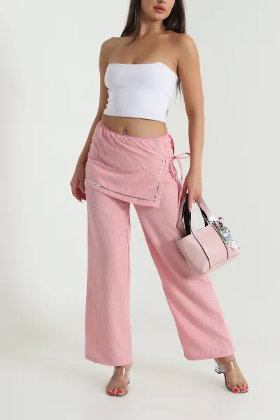 Pembe Bel Pullu Dokuma Tarak Kadın Pantolon 477280