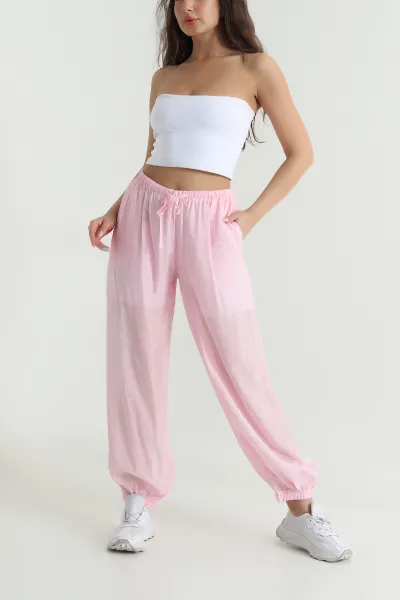 Pembe Bel ve Paça Lastikli Astarlı Tensel Kadın Pantolon 465314