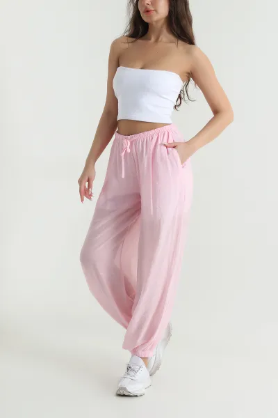 Pembe Bel ve Paça Lastikli Astarlı Tensel Kadın Pantolon 465314