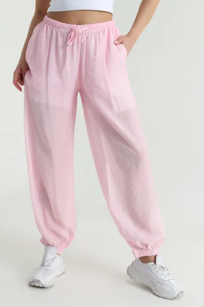 Pembe Bel ve Paça Lastikli Astarlı Tensel Kadın Pantolon 465314