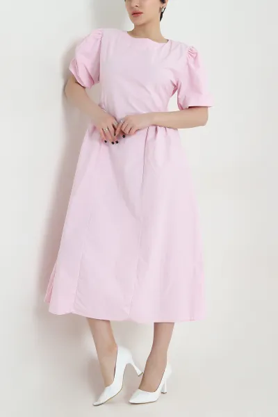Pembe Belden Bağlamalı Poplin Kadın Elbise 454996