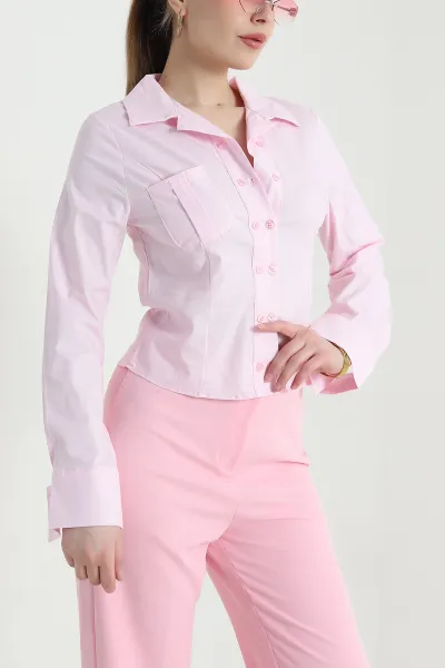 Pembe Belden Oturtmalı Poplin Kadın Gömlek 445069