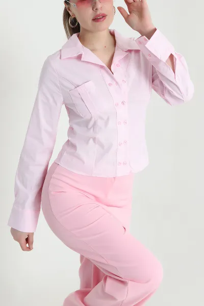 Pembe Belden Oturtmalı Poplin Kadın Gömlek 445069