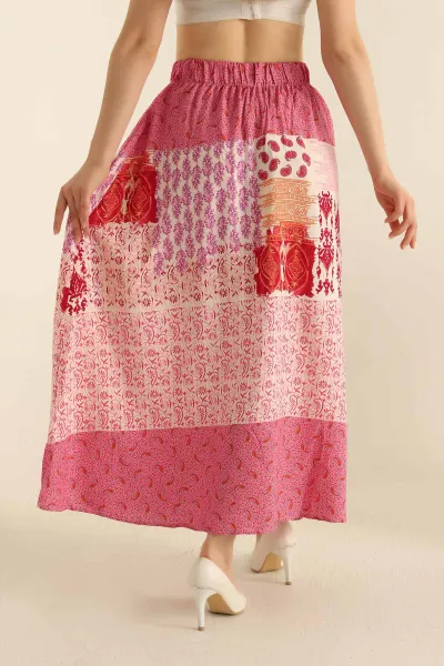 Pembe Beli Lastikli Dokuma Viskon Etek 279012