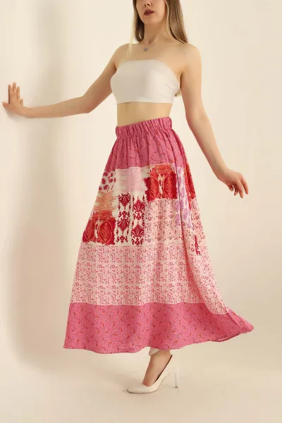Pembe Beli Lastikli Dokuma Viskon Etek 279012