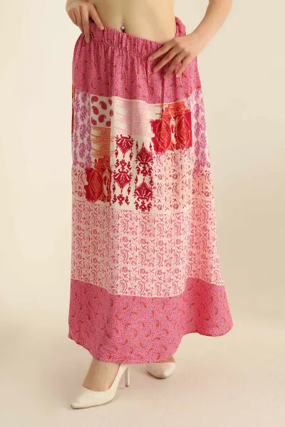 Pembe Beli Lastikli Dokuma Viskon Etek 279012