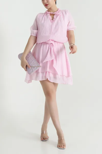 Pembe Beli Lastikli Katlı Tensel Kadın Elbise 469752