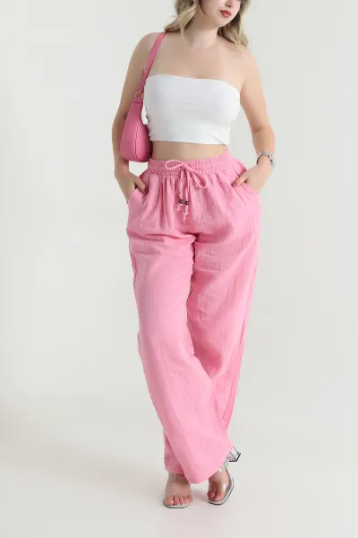 Pembe Beli Lastikli Müslin Keten Kadın Pantolon 464242
