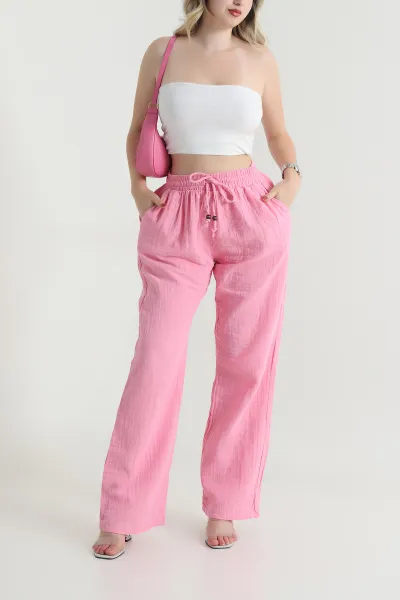 Pembe Beli Lastikli Müslin Keten Kadın Pantolon 464242