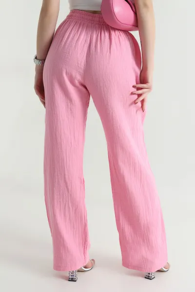 Pembe Beli Lastikli Müslin Keten Kadın Pantolon 464242