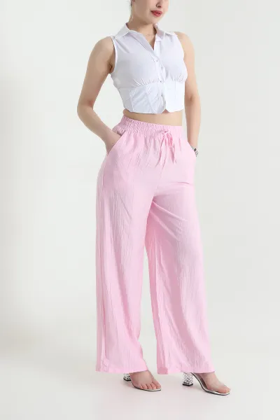 Pembe Beli Lastikli Palazzo Kadın Çilek Yürüyüş Pantolonu 454821