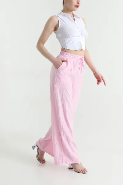Pembe Beli Lastikli Palazzo Kadın Çilek Yürüyüş Pantolonu 454821