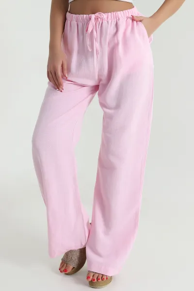 Pembe Beli Lastikli Palazzo Kadın Keten Pantolon 478618
