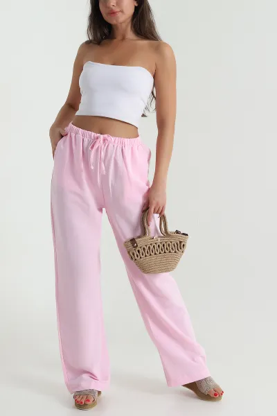 Pembe Beli Lastikli Palazzo Kadın Keten Pantolon 478618