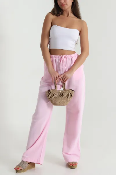 Pembe Beli Lastikli Palazzo Kadın Keten Pantolon 478618