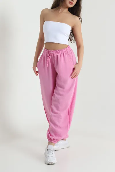 Pembe Beli Lastikli Pera Keten Kadın Şalvar Pantolon 462604