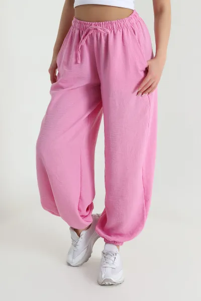 Pembe Beli Lastikli Pera Keten Kadın Şalvar Pantolon 462604