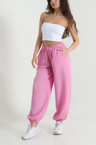 Pembe Beli Lastikli Pera Keten Kadın Şalvar Pantolon 462604