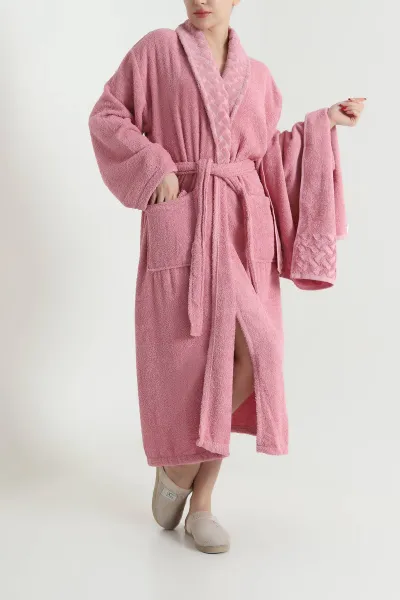 Pembe Bella Home Desenli 2 Parça Bornoz Takımı (Baş Havlusu 50x90 + Bornoz) 439491