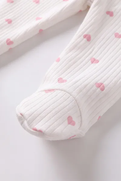 Pembe Beyaz (0-3 Ay) Küçük Kalp Desenli Patikli Raporlu Kız Bebek 3'lü Zıbın Takım 477289