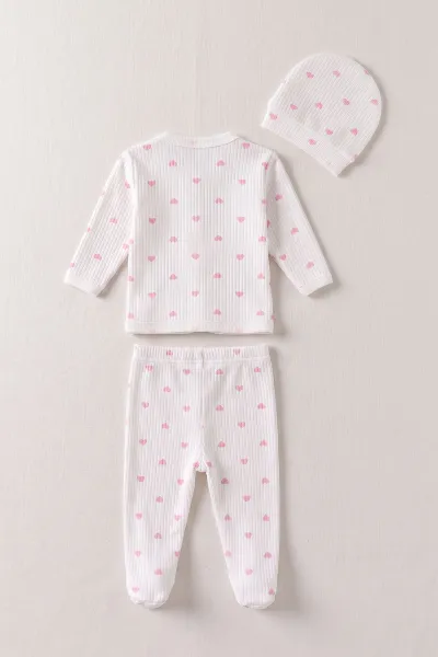 Pembe Beyaz (0-3 Ay) Küçük Kalp Desenli Patikli Raporlu Kız Bebek 3'lü Zıbın Takım 477289
