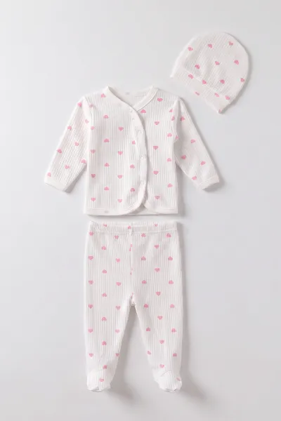 Pembe Beyaz (0-3 Ay) Küçük Kalp Desenli Patikli Raporlu Kız Bebek 3'lü Zıbın Takım 477289