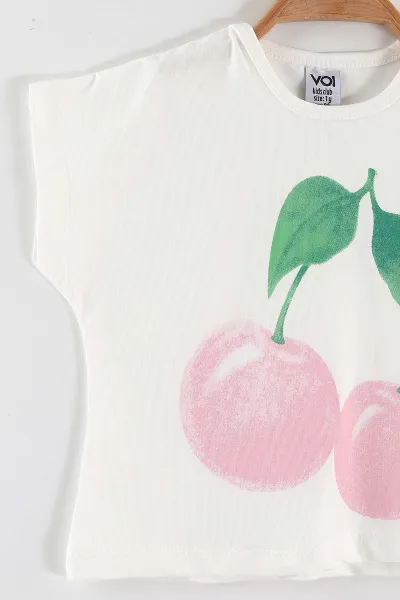 Pembe Beyaz (0-4 Yaş) Kiraz Baskılı Şortlu Kız Çocuk Yazlık Takım 459790
