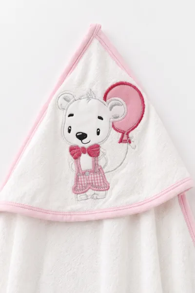 Pembe Beyaz (0-6 Ay) Balonlu Ayıcık Nakışlı Çift Katlı Bebek Silgi Havlu 476271