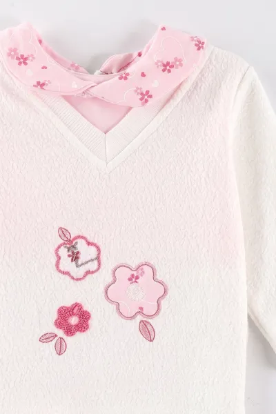 Pembe  Beyaz (0-9 Ay) Çiçek Nakışlı Bebe Yaka Kız Bebek 2'li Takım 477053