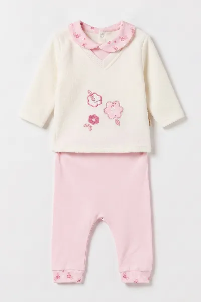 Pembe  Beyaz (0-9 Ay) Çiçek Nakışlı Bebe Yaka Kız Bebek 2'li Takım 477053