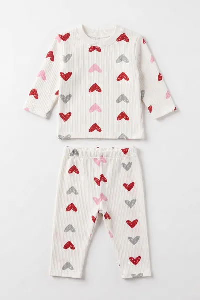 Pembe Beyaz (1-3 Yaş) Kalp Desenli Raporlu Kız  Çocuk Pijama Takım 477277